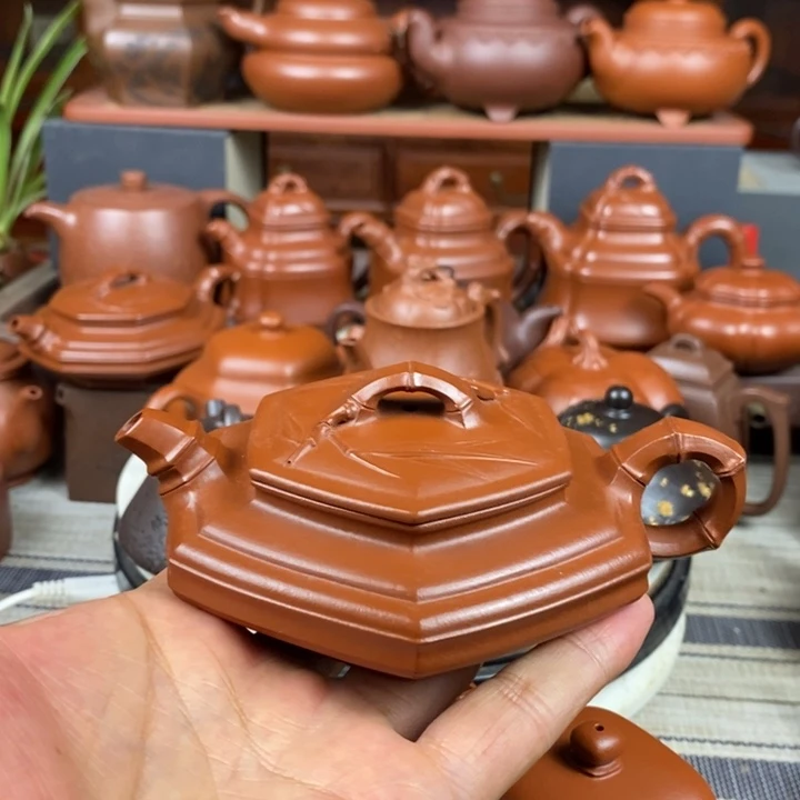 茶壶紫砂六方扁竹150cc原矿赵庄朱泥特价