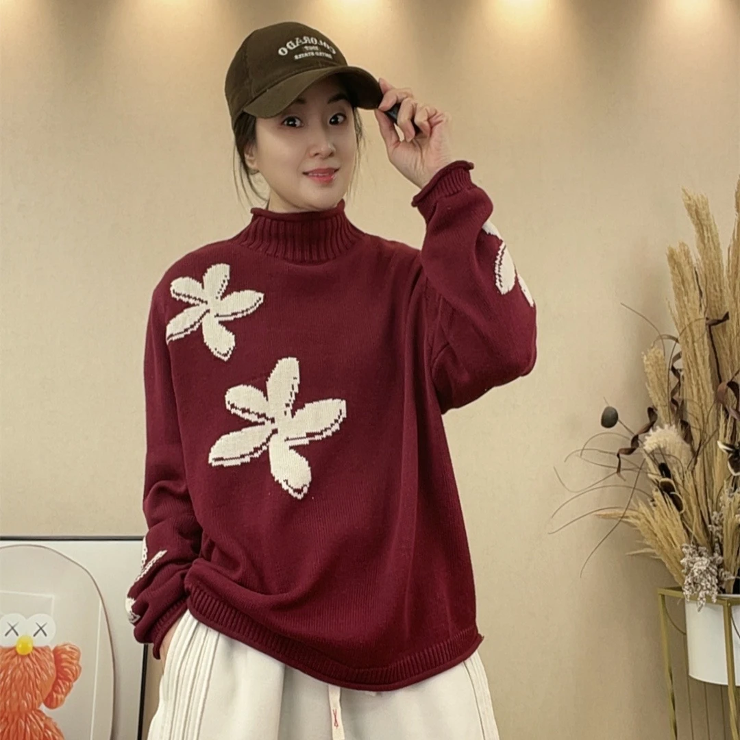 2648#秋冬立领针织衫复古宽松上衣慵懒风半高领百搭毛衣