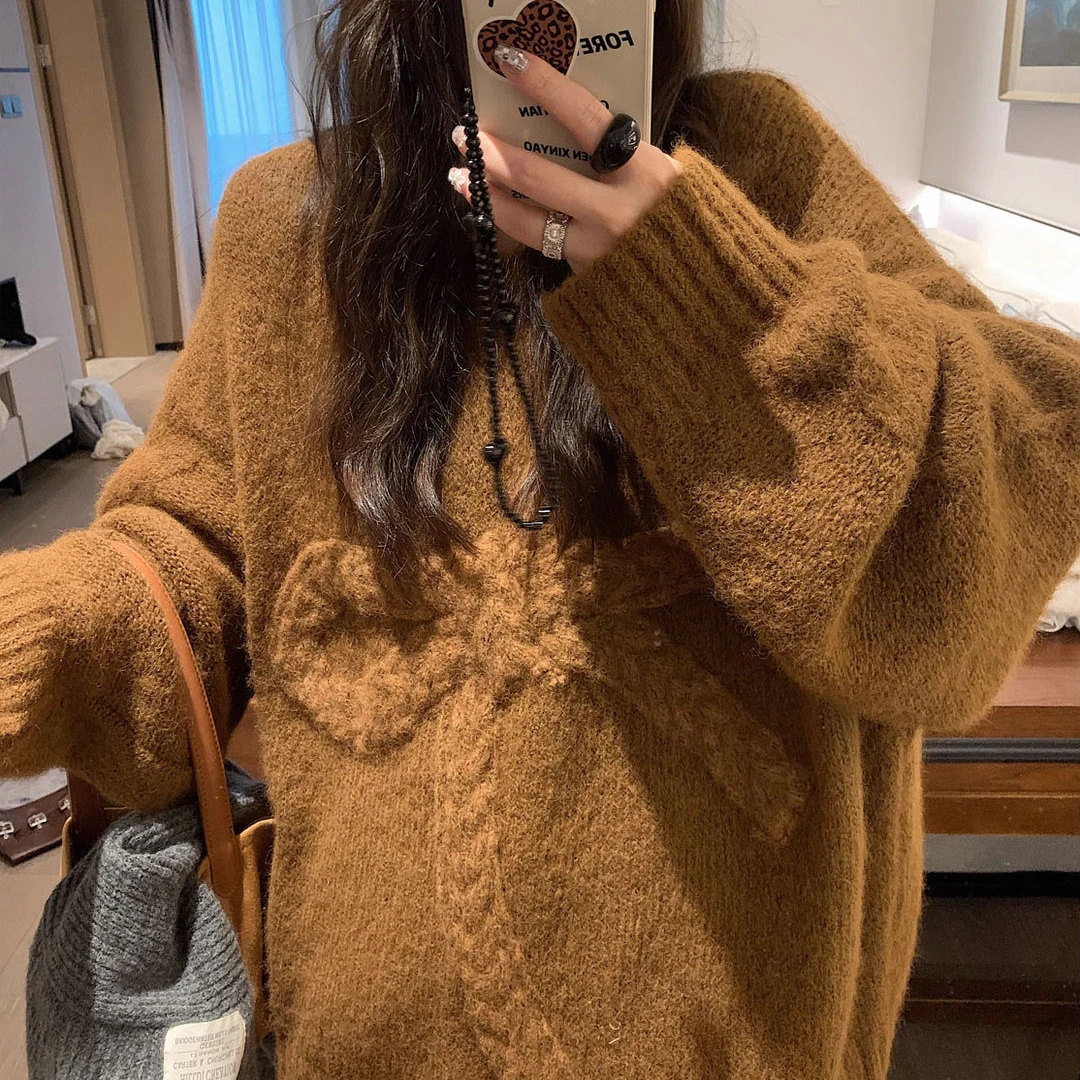 韩系氛围感穿搭立体蝴蝶结套头毛衣女秋冬慵懒风高级感宽松针织衫