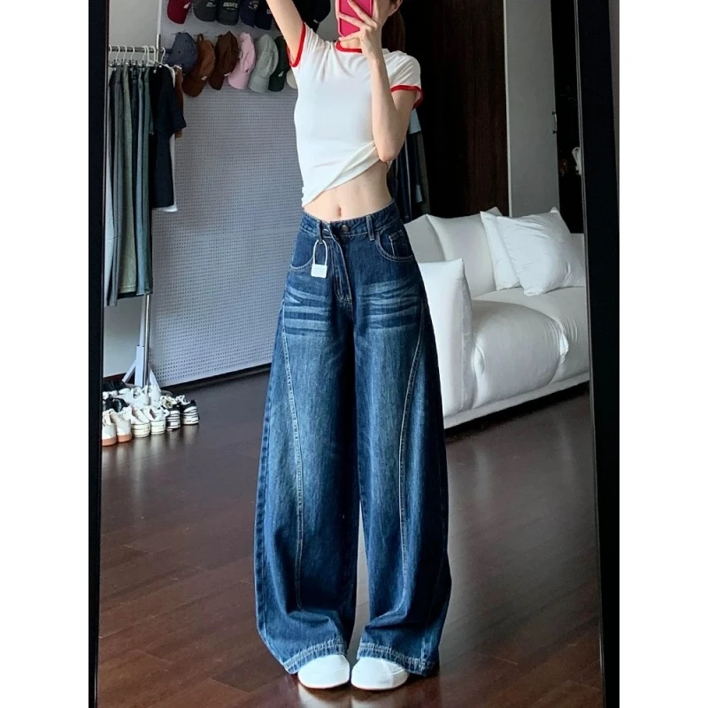 美式水洗阔腿弯刀牛仔裤女2025新款高街设计感宽松显瘦直筒镰刀裤