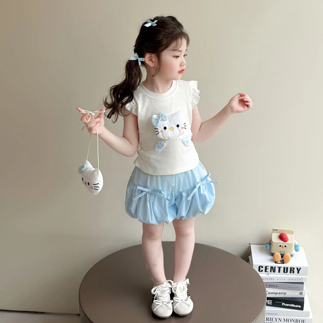 女宝宝夏季套装2025新款女童可爱飞袖小猫短袖上衣+花苞裤两件套3