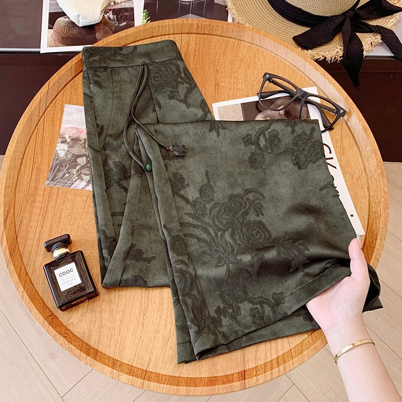 长裤休闲裤绿色显瘦提花黑色国风设计师夏季高腰阔腿阔腿裤2025