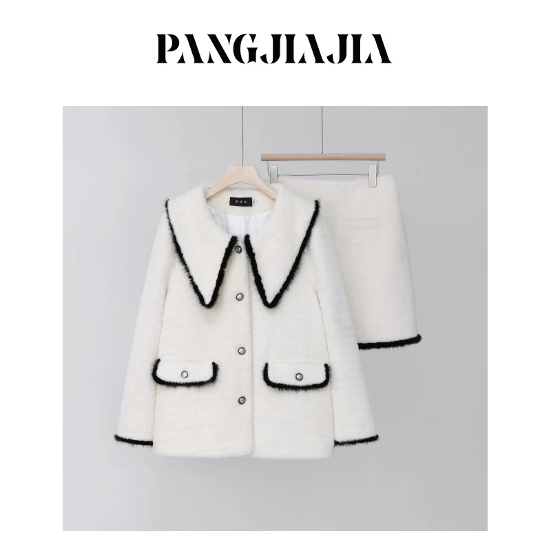 【胖佳佳】山茶来信 小香毛呢外套半身裙撞色拼接两件套H623A09418