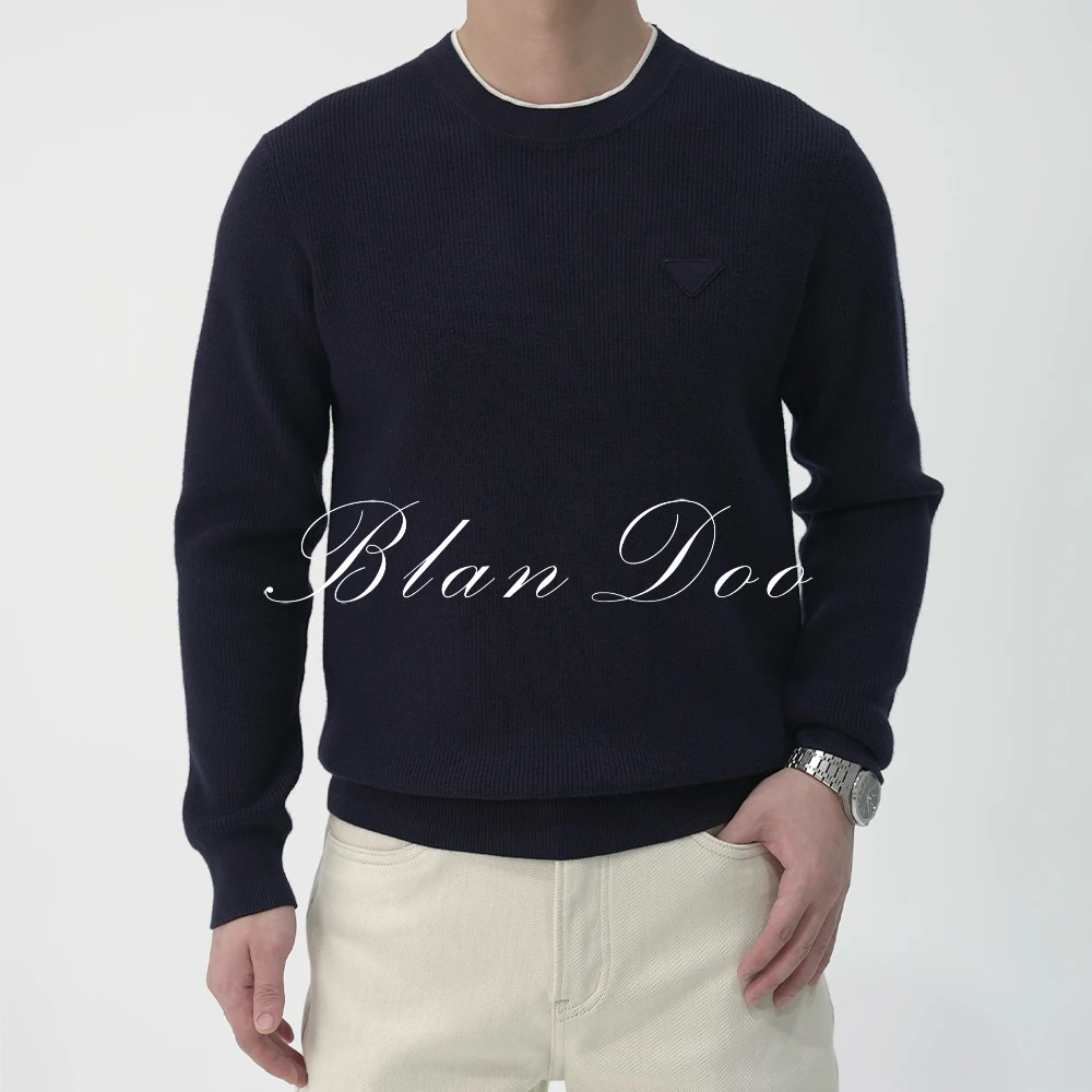BLANDOO “双领撞色” 绵羊毛混纺经典三角标圆领针织衫6BD379