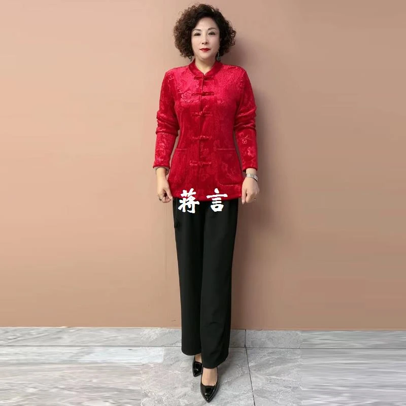 套装冬季加绒保暖上衣中老年妈妈宽松遮肉大码开衫丝绒加厚外套女