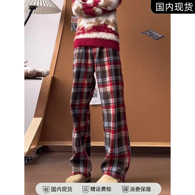 美式复古格子裤男款秋冬季cleanfit毛呢运动卫裤加绒加厚保暖裤子