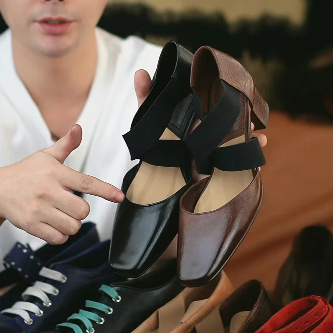 水洗马皮复古绑带粗跟芭蕾风包头凉鞋女中空浅口高跟玛丽珍单鞋