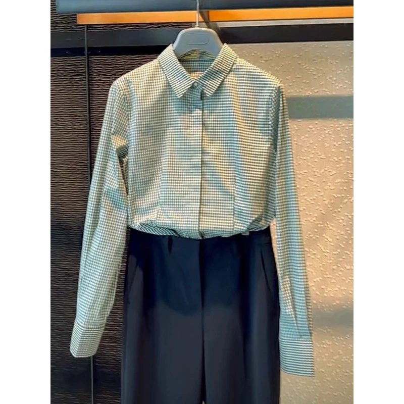 哥弟阿玛施正品牌2025春秋新款方领修身格子长袖衬衫女通勤内搭衬