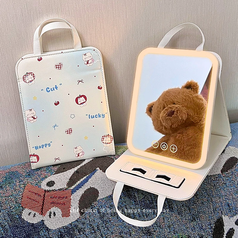 卡通便携式手提折叠化妆镜LED带灯补光学生宿舍家用桌面台式镜子