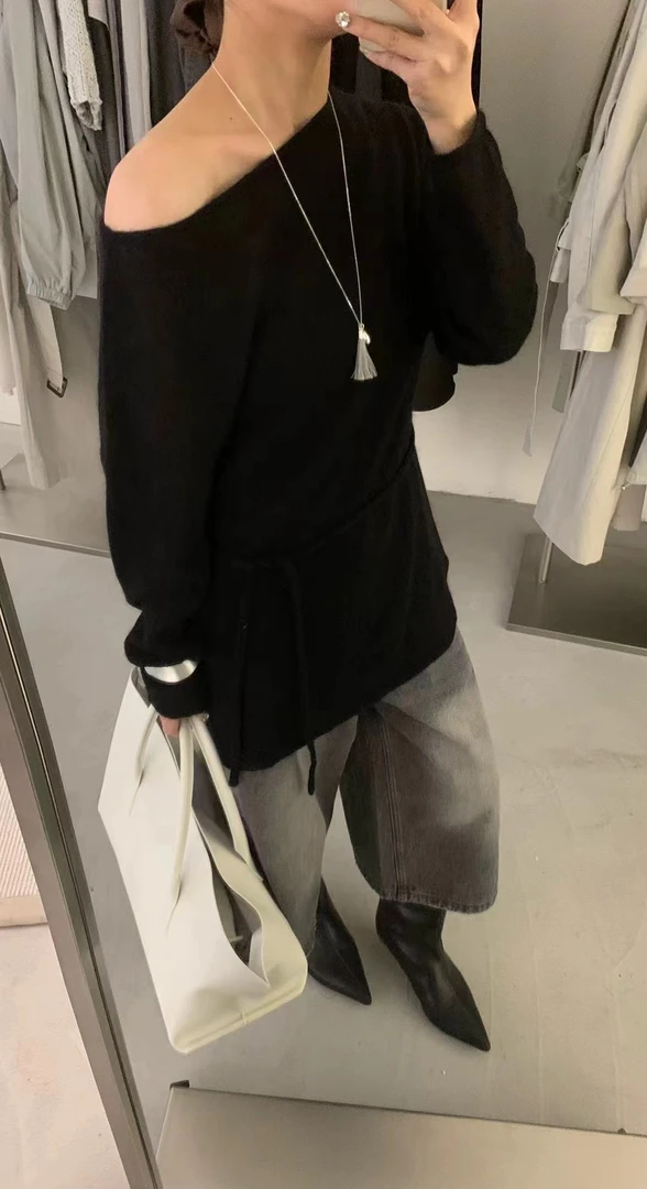 【南希】11663 原创设计纯欲斜肩百搭针织衫（配飘带）