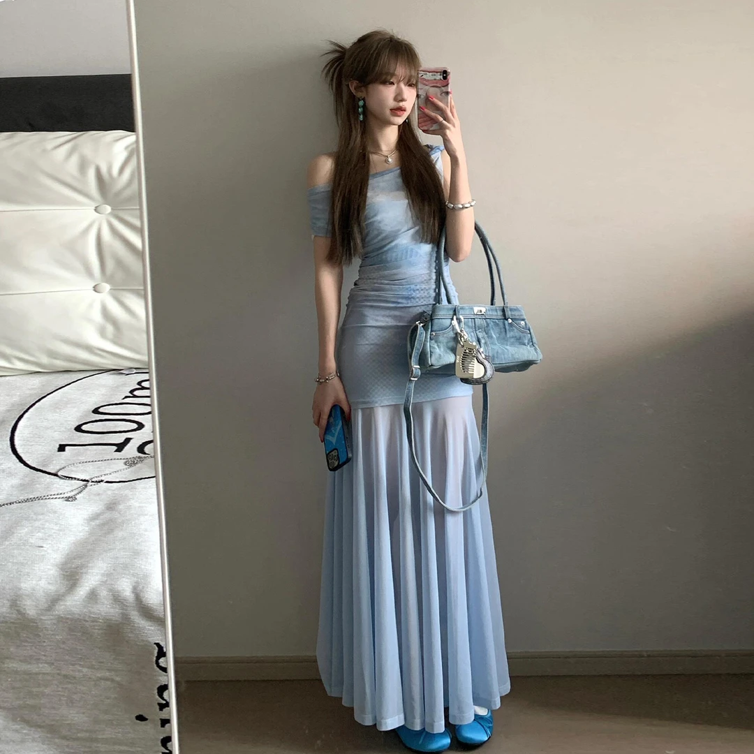 法式蓝色一字肩薄纱连衣裙子夏季纯欲慵懒风女装新款气质包臀长裙