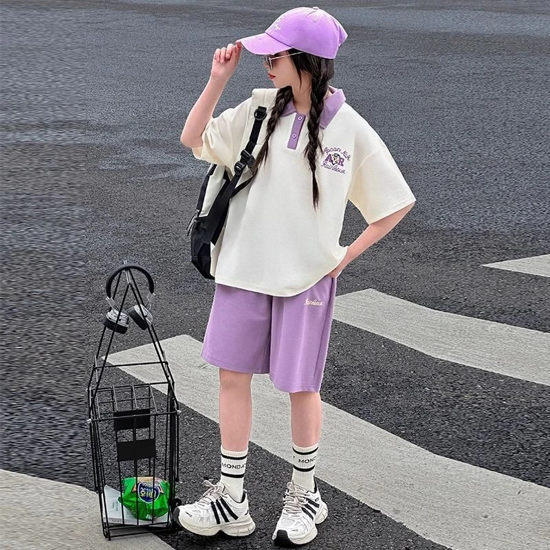 女童运动休闲套装中大夏季新款大儿童夏装学院风POLO衫短裤两件套