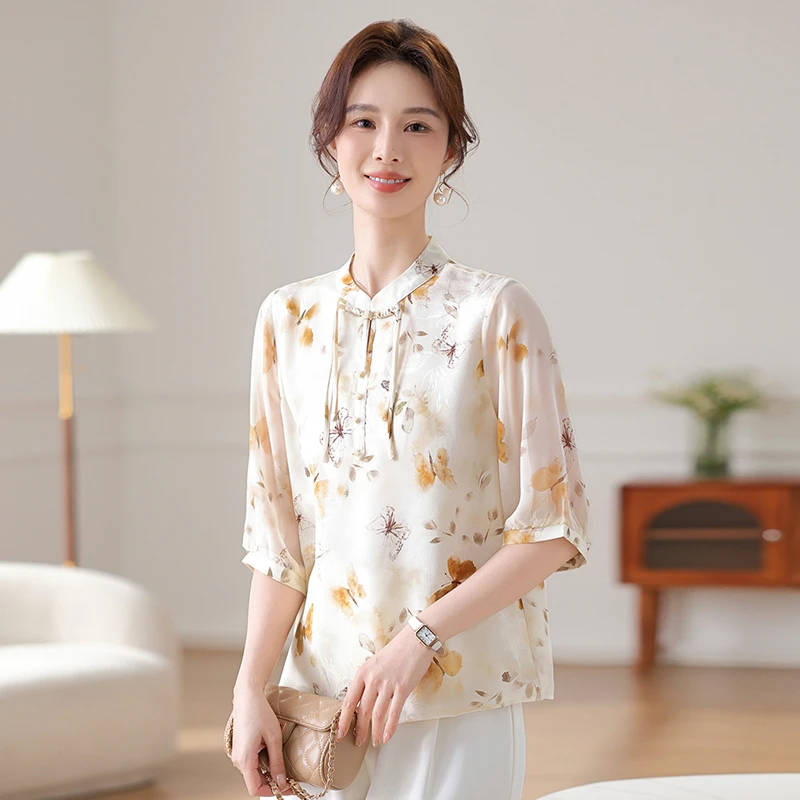 新中式妈妈夏装洋气小衫2025新款中老年女装春夏薄款宽松上衣