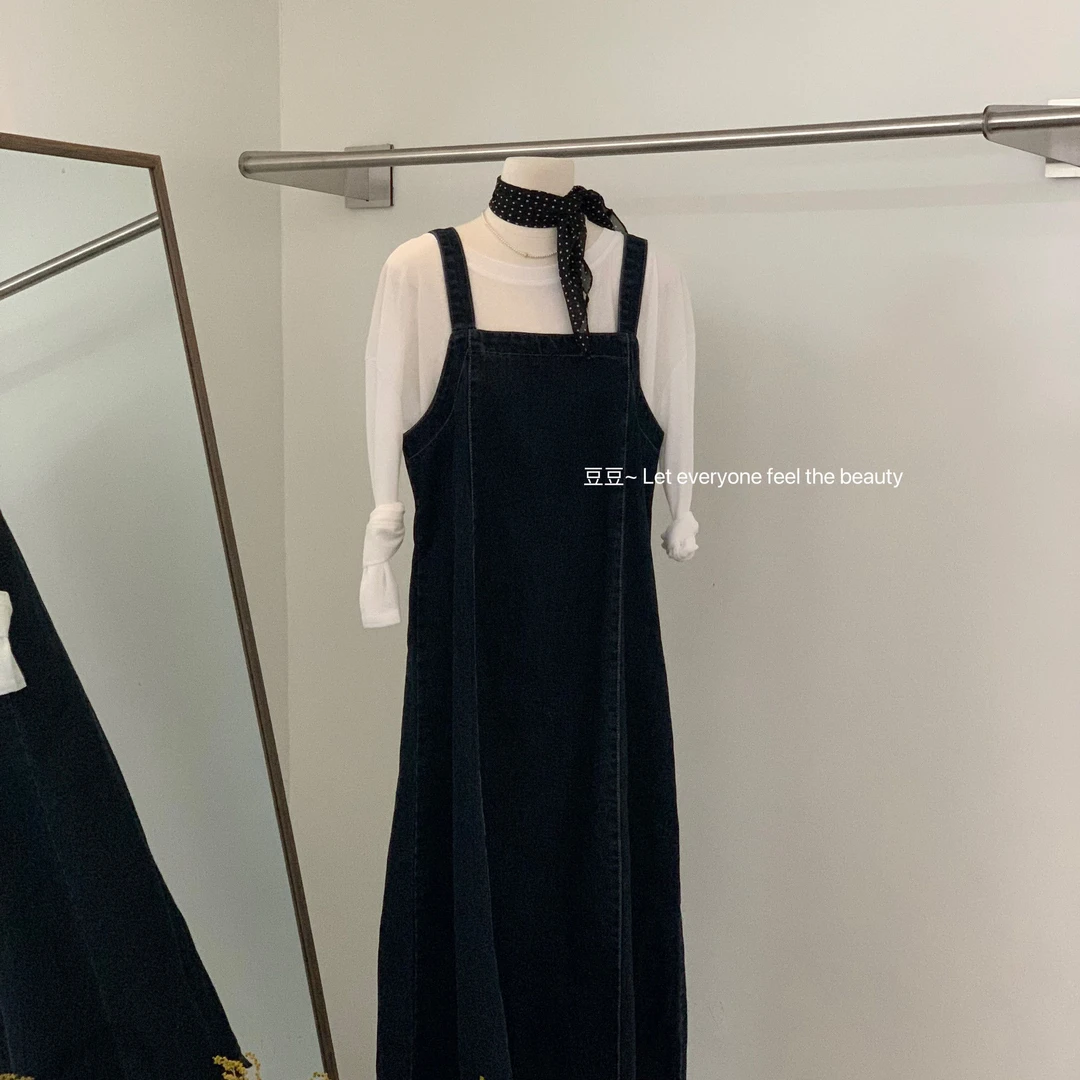 韩系时尚后开叉牛仔背带裙女夏季薄款小众显瘦中长款连衣吊带长裙