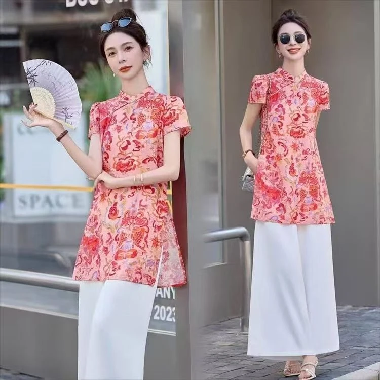 夏季新中式国风立领短袖上衣女夏季新款时尚舒适洋气中长款小唐人