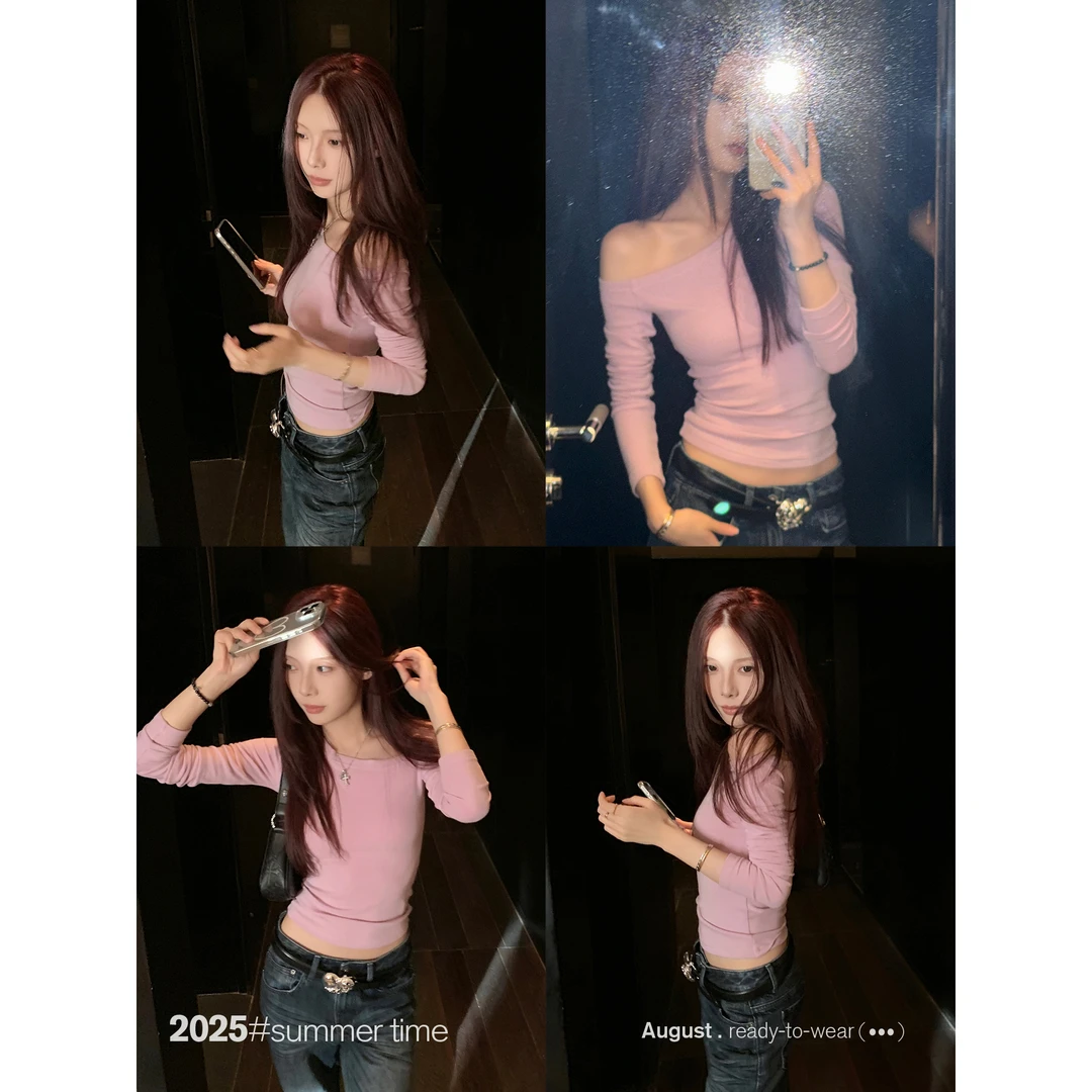 SUNONEONE 纯色斜肩长袖针织T恤女早秋修身收腰打底上衣H1295C