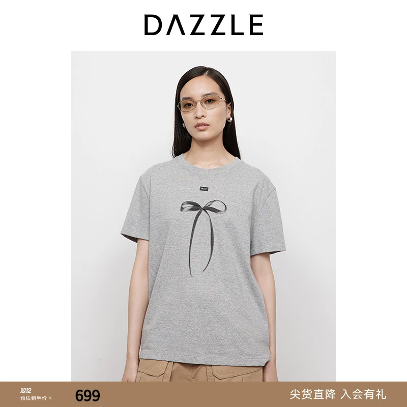 DAZZLE 地素短袖T恤2025年春季新款浅灰色蝴蝶结印花T恤2J1B304