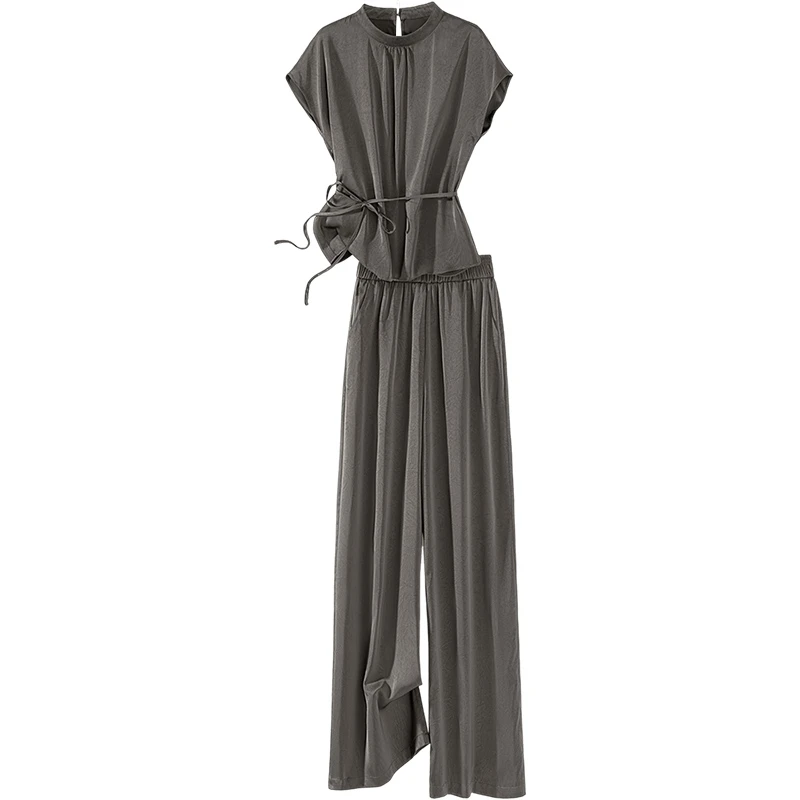 丝柏舍2025夏季新款女纯色上衣搭阔腿裤两件套时尚套装S52R1910N