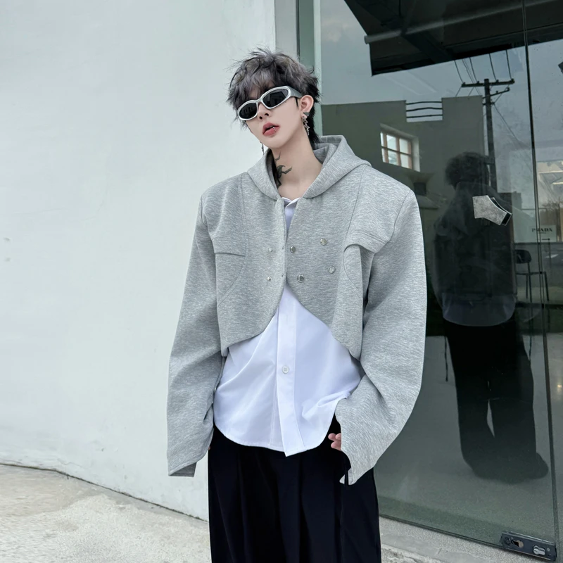 2025秋季小众撞色拼接连帽假两件夹克男设计感韩版网红短款外套潮