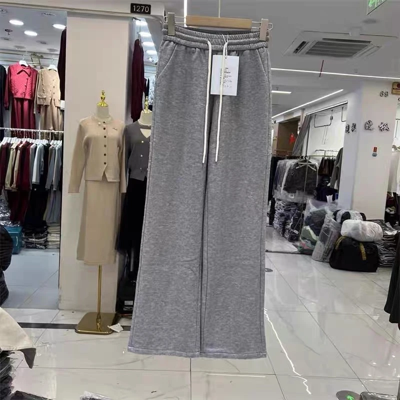 秋冬设计感加绒阔腿裤女冬季新款高腰抽绳休闲裤1513