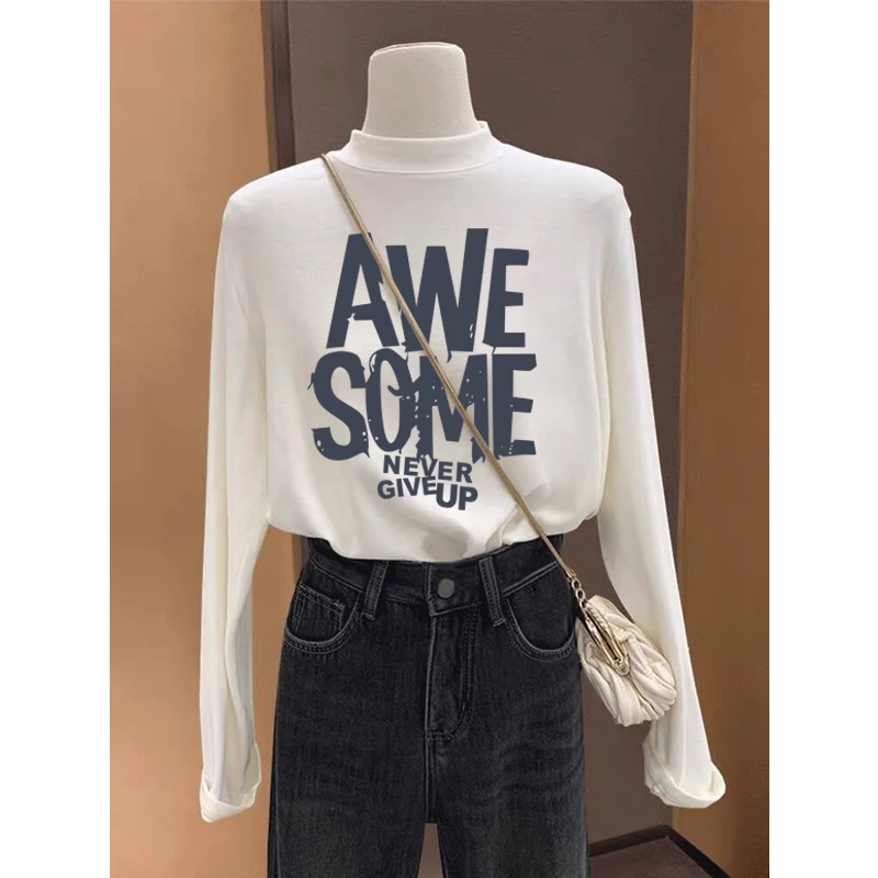 德绒加绒加厚保暖半高领长袖t恤女秋冬季磨毛内搭上衣百搭打底衫