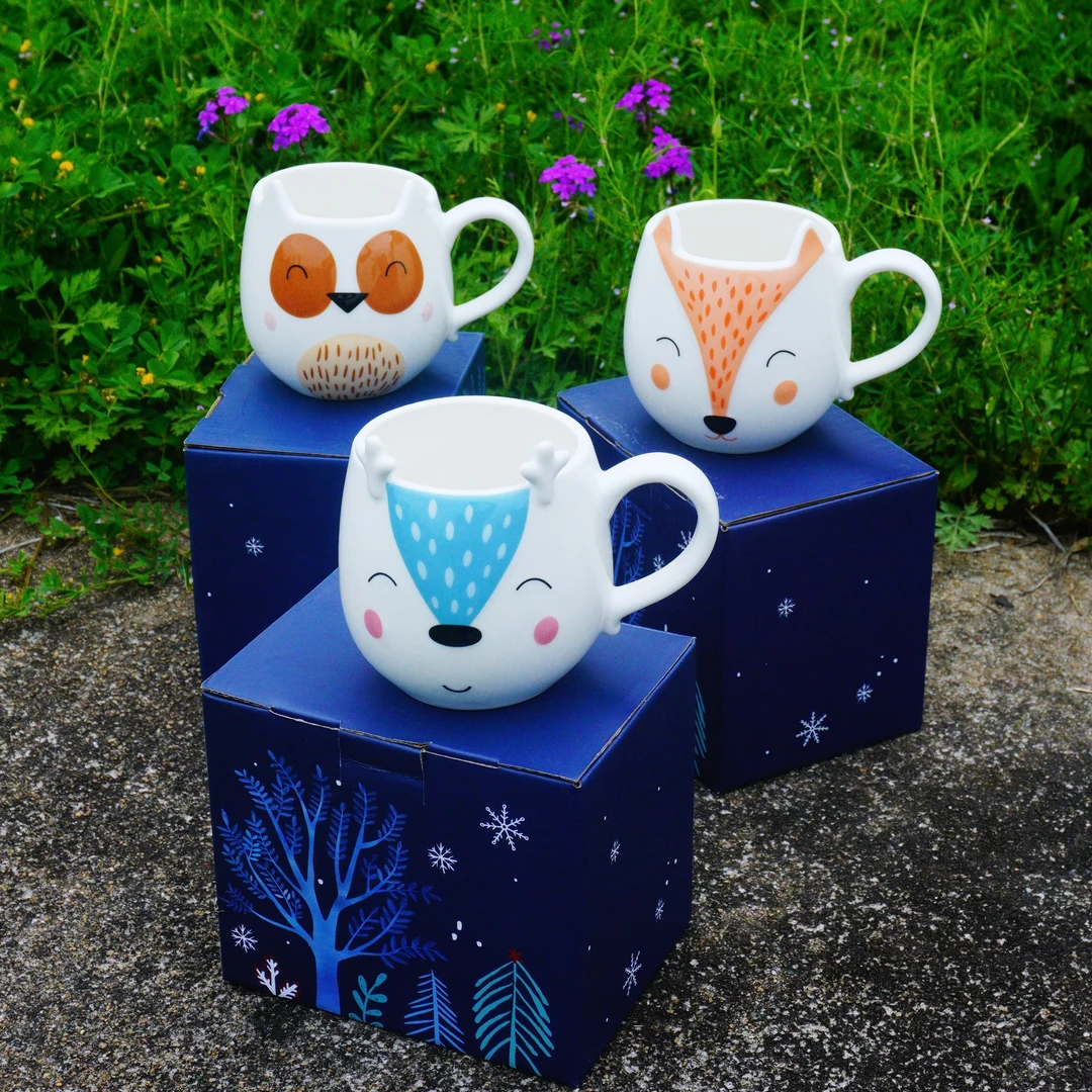 可爱动物造型杯手绘浮雕釉下彩陶瓷杯马克杯萌萌的杯子带礼盒装