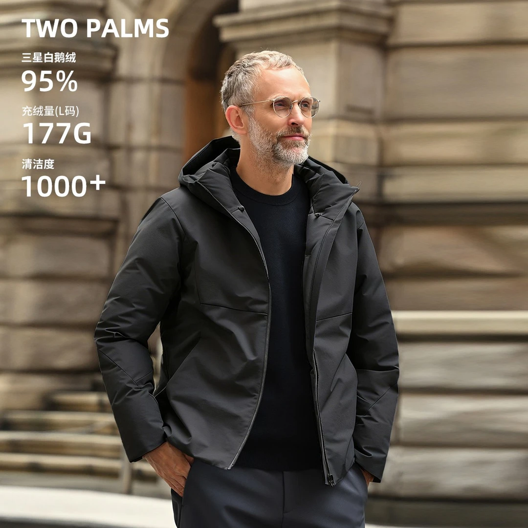 TWO PALMS 三星95白鹅绒  机能通勤冬季保暖连帽短款男士羽绒服