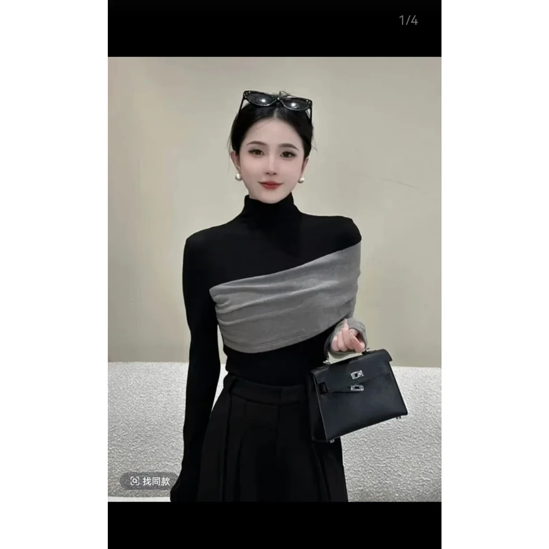 JUDING/聚町零新款拼接撞色长袖T恤女设计感百搭上衣9711