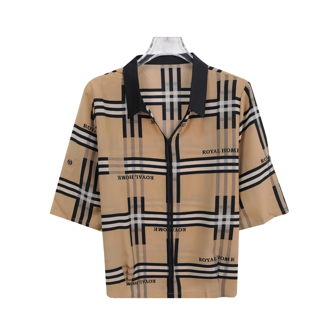 拼色翻领格纹宽松轻薄垂感透气短袖T恤A11298