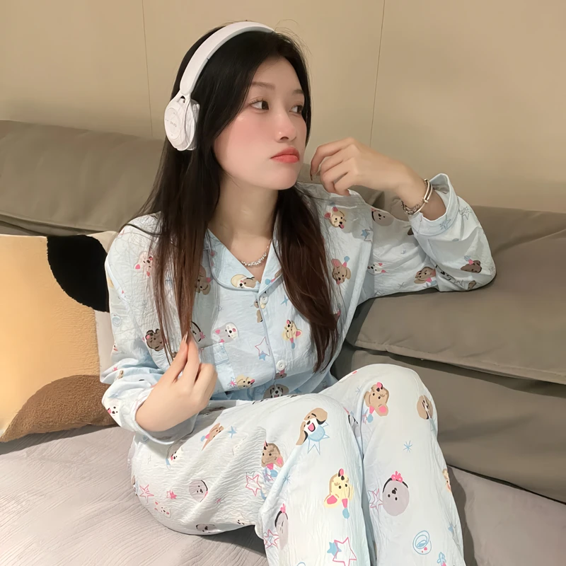 【星星狗狗】四季款长袖云朵绵睡衣女可爱春秋星星小狗套装家居服