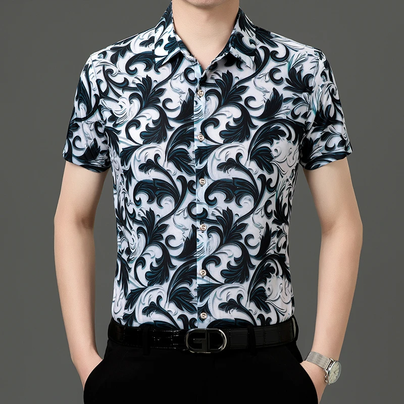 2025夏季新款男士休闲高档商务帅气提花百搭衬衣中年冰丝薄款衬衫