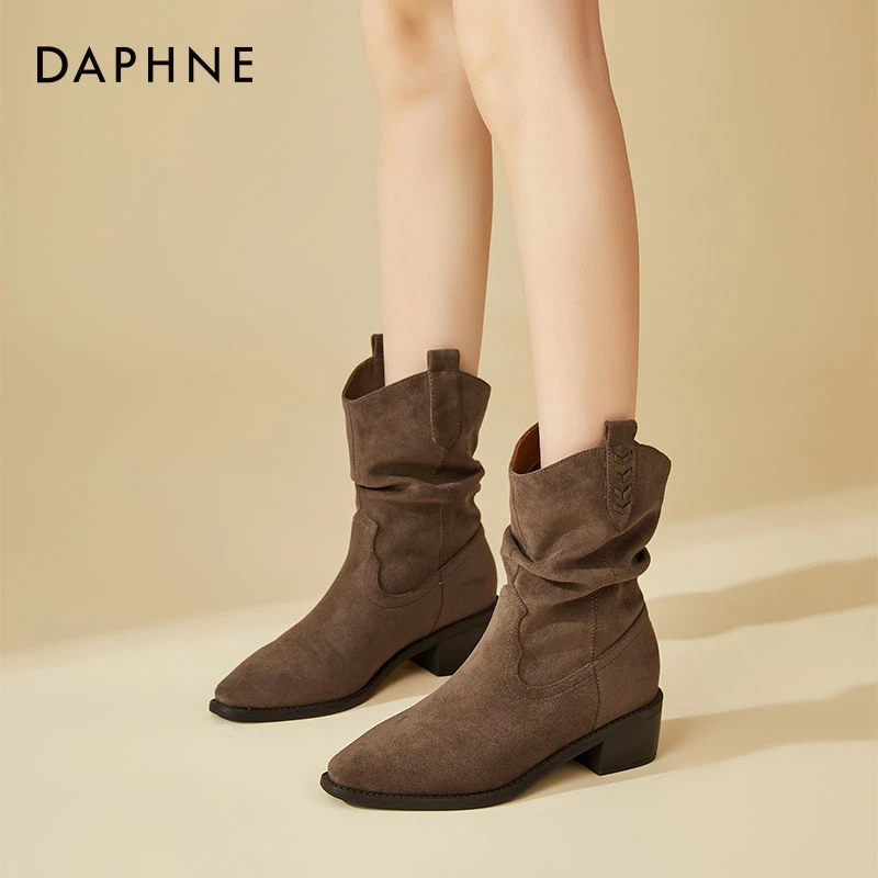 达芙妮复古粗跟马丁靴2025新款秋冬中筒堆堆靴西部牛仔靴尖头短靴