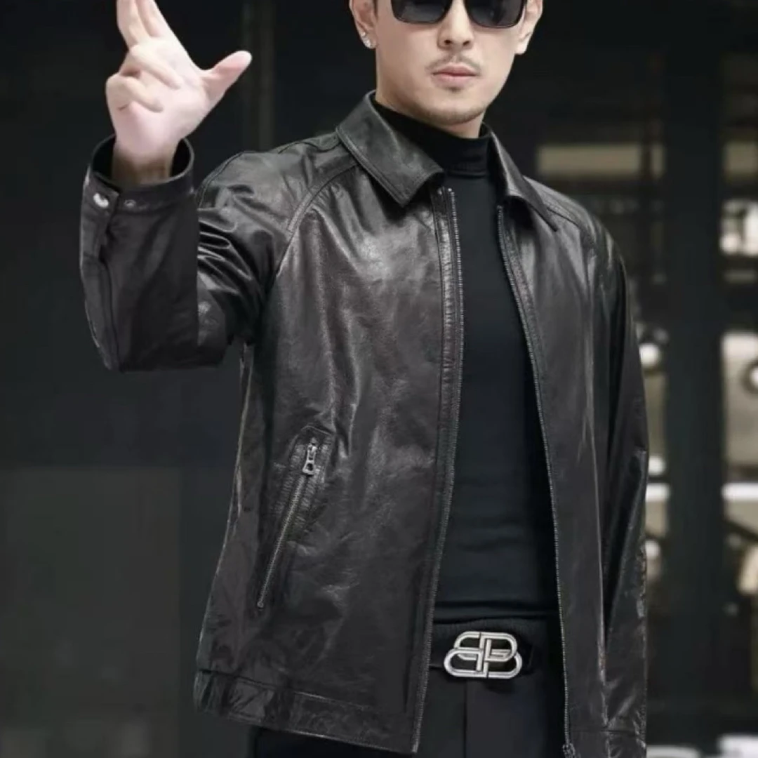 头层油蜡小牛皮真皮男短款翻领桑蚕丝内胆可脱卸一衣两穿海宁商务