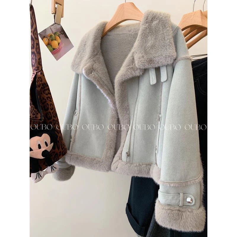 韩系复古羊羔毛棉衣外套女秋冬季2025新款麂皮绒皮毛一体短款上衣