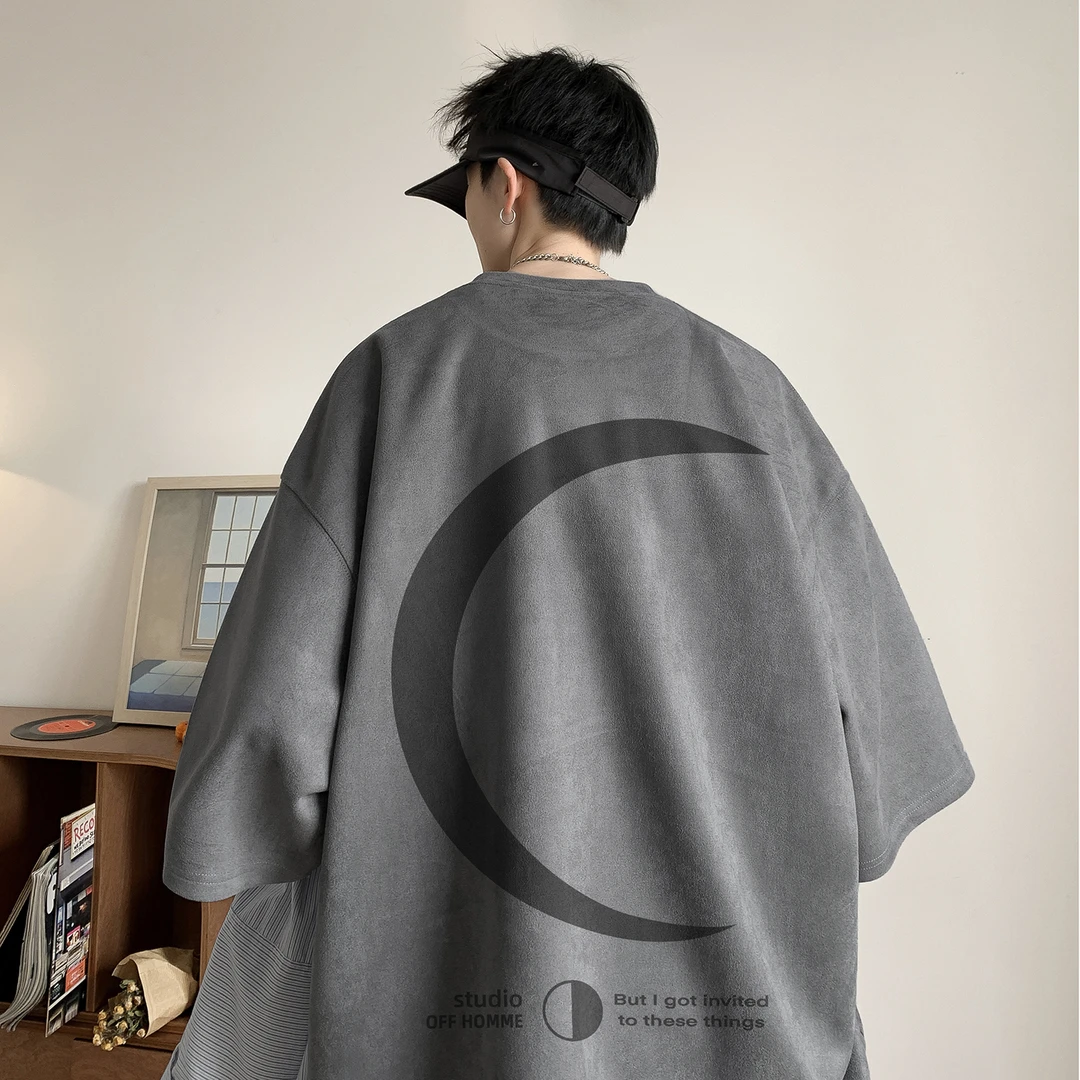 JOLIMENT月亮烧花短袖男夏重磅印花港风潮牌潮流ins宽松半袖体恤