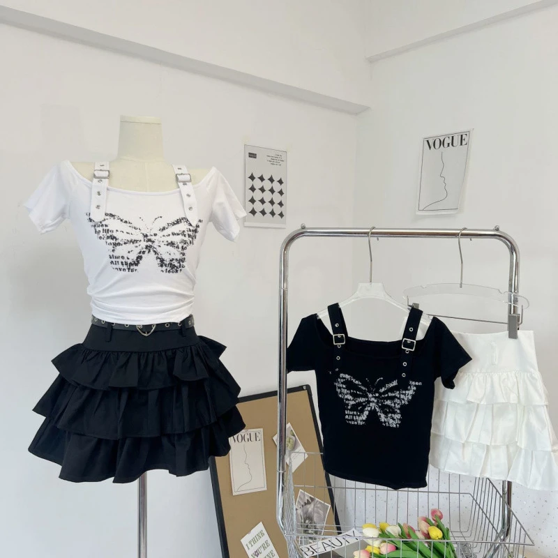 性感辣妹恤一字肩蝴蝶结黑色设计感上衣女短款夏季吊带露肩时尚