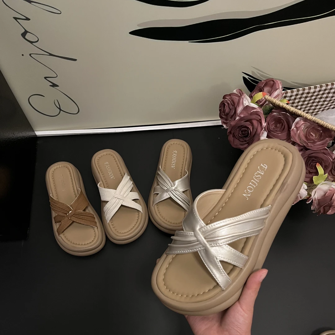 2025夏季新款交叉麻料褶皱一字拖鞋简约休闲慵懒外穿厚底女拖鞋