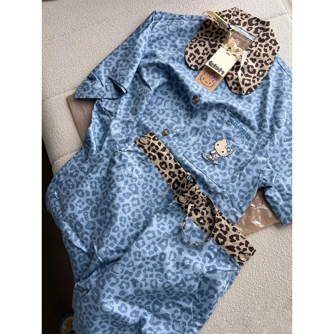 高级感HelloKitty豹纹短袖睡衣女夏季网红风冰丝家居服大码套装潮
