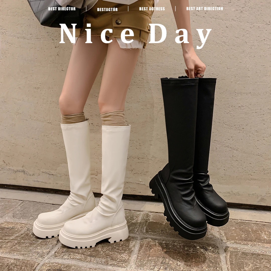 胖mm粗腿长筒靴女厚底长靴高筒骑士靴大筒围白色堆堆靴大码女靴子