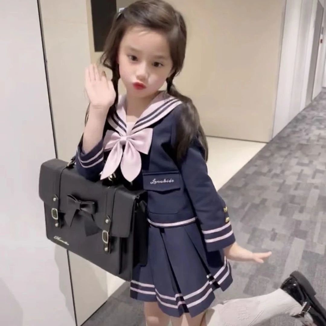 女童春秋季新款学院风套装中大儿童蝴蝶结小女孩外套jk裙子两件套