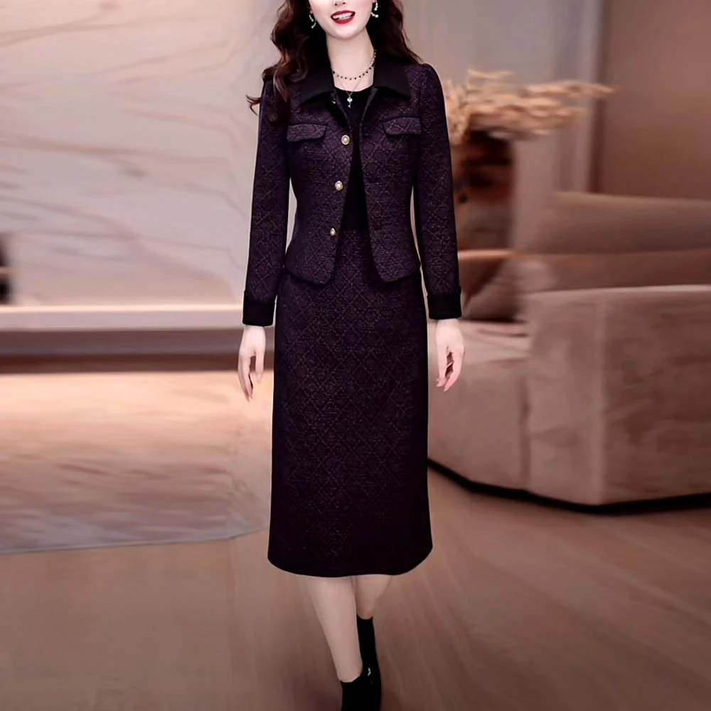 华夫格精纺时尚两件套连衣裙2025秋季新款显瘦遮肉上衣裙子套装