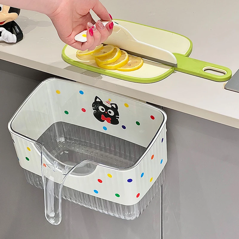 壁挂波点猫垃圾桶家用厨房免打孔柜门悬挂带刮板背胶粘贴垃圾桶