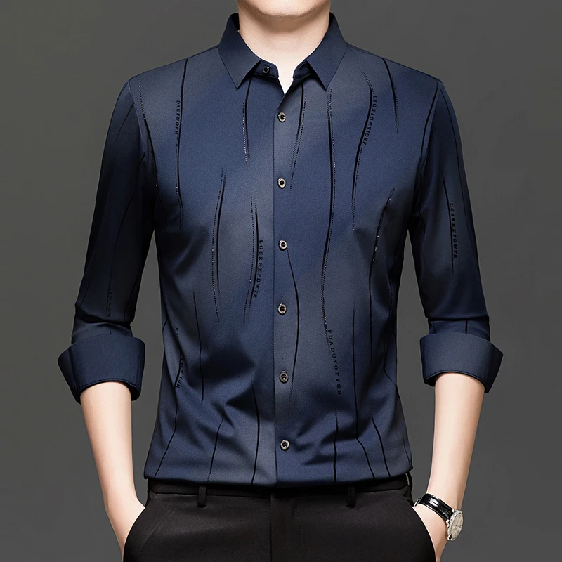 【专柜品质】春秋商务男士条纹衬衫中青年植绒长袖休闲商务上衣