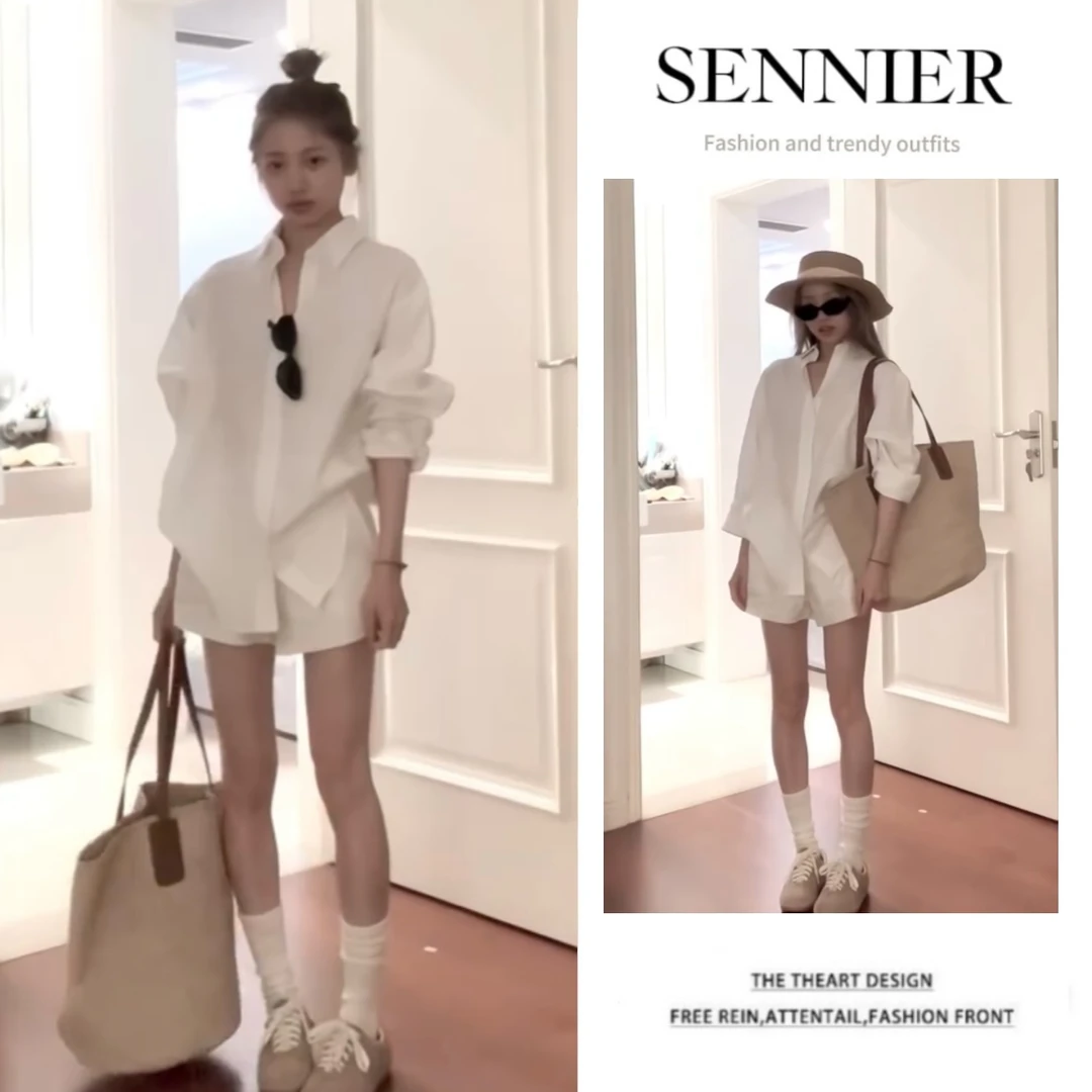 今年流行穿搭一整套2025新款韩系通勤气质长袖衬衫百搭短裤两件套