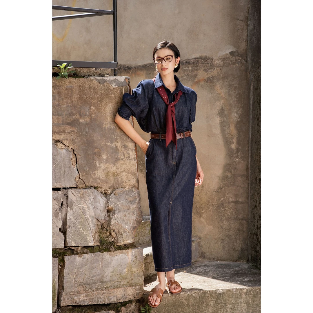 【叛逆丹宁】意式老钱风牛仔廓肩假两件牛仔连衣裙H型（裱里）