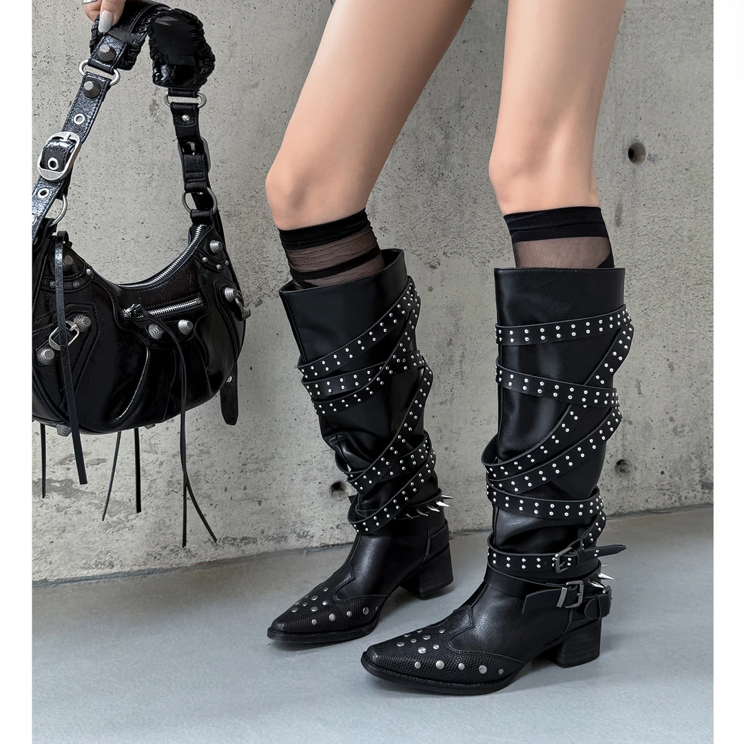 Kmeizu巨显瘦高筒靴女新潮铆钉设计感铆钉宽松西部牛仔沙瀑长筒靴