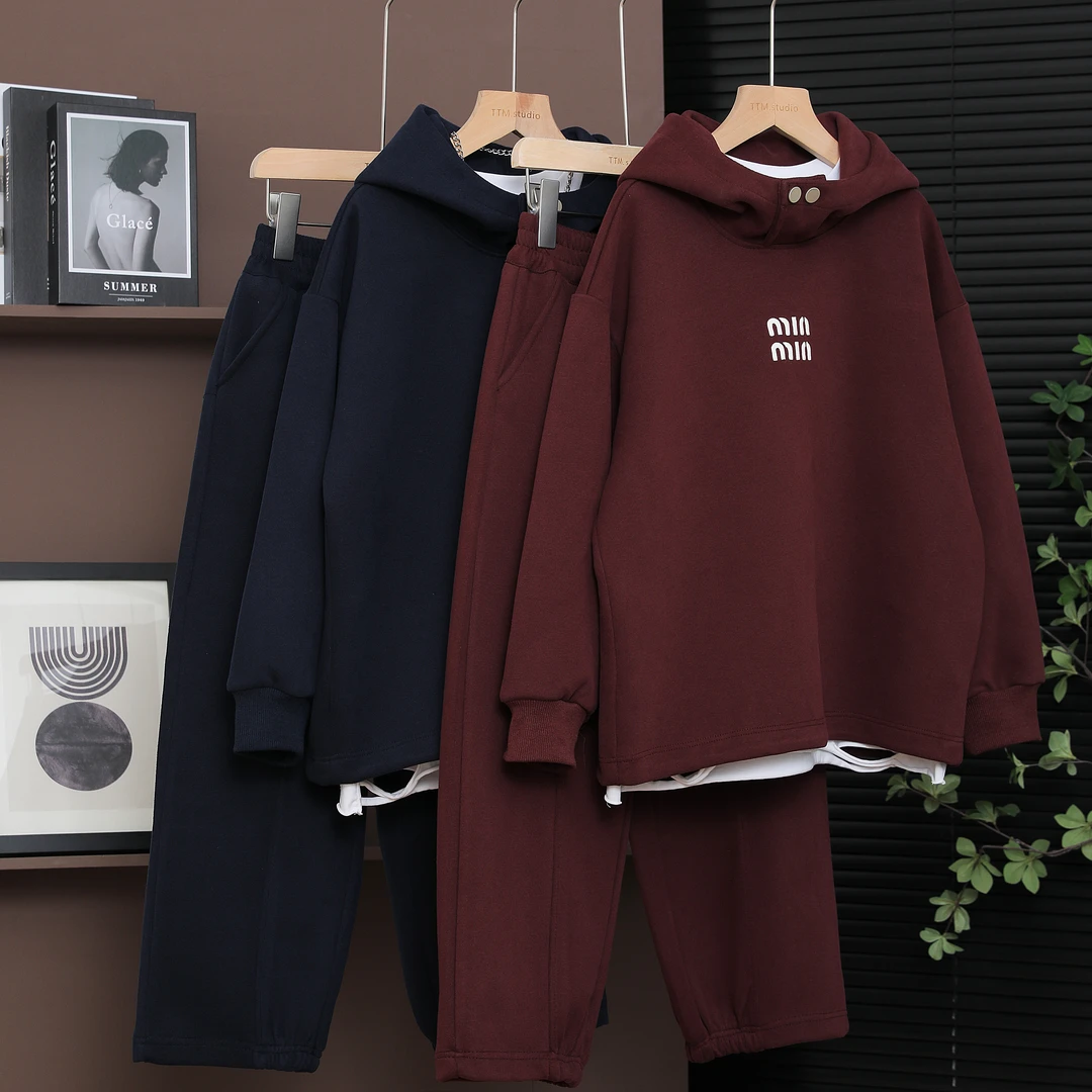 【现货】男女童卫衣套装宽松连帽2024年秋季韩版休闲风连帽