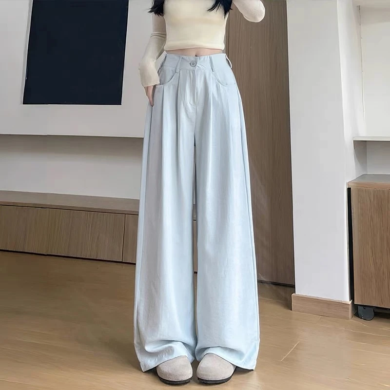 2555缎面奶芙裤慵懒西装直筒裤夏季高腰显瘦宽松冰丝拖地长裤