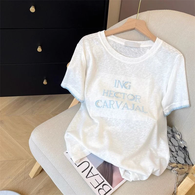 竹节棉【微透】字母刺绣+钉珠韩系时尚短袖T恤女设计夏ins休闲上衣