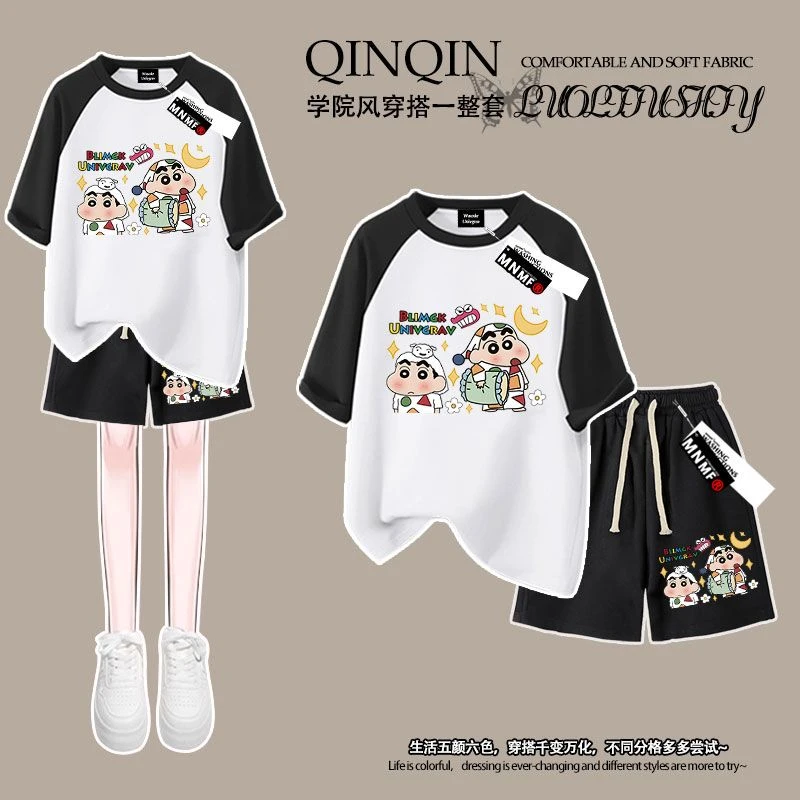 男女童夏季潮牌蜡笔小新纯棉短袖t恤短裤套装日系卡通中大童上衣
